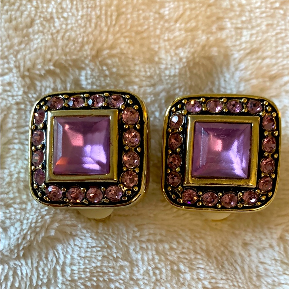 Elegant Square Gold and Purple Glass Clip Earrings